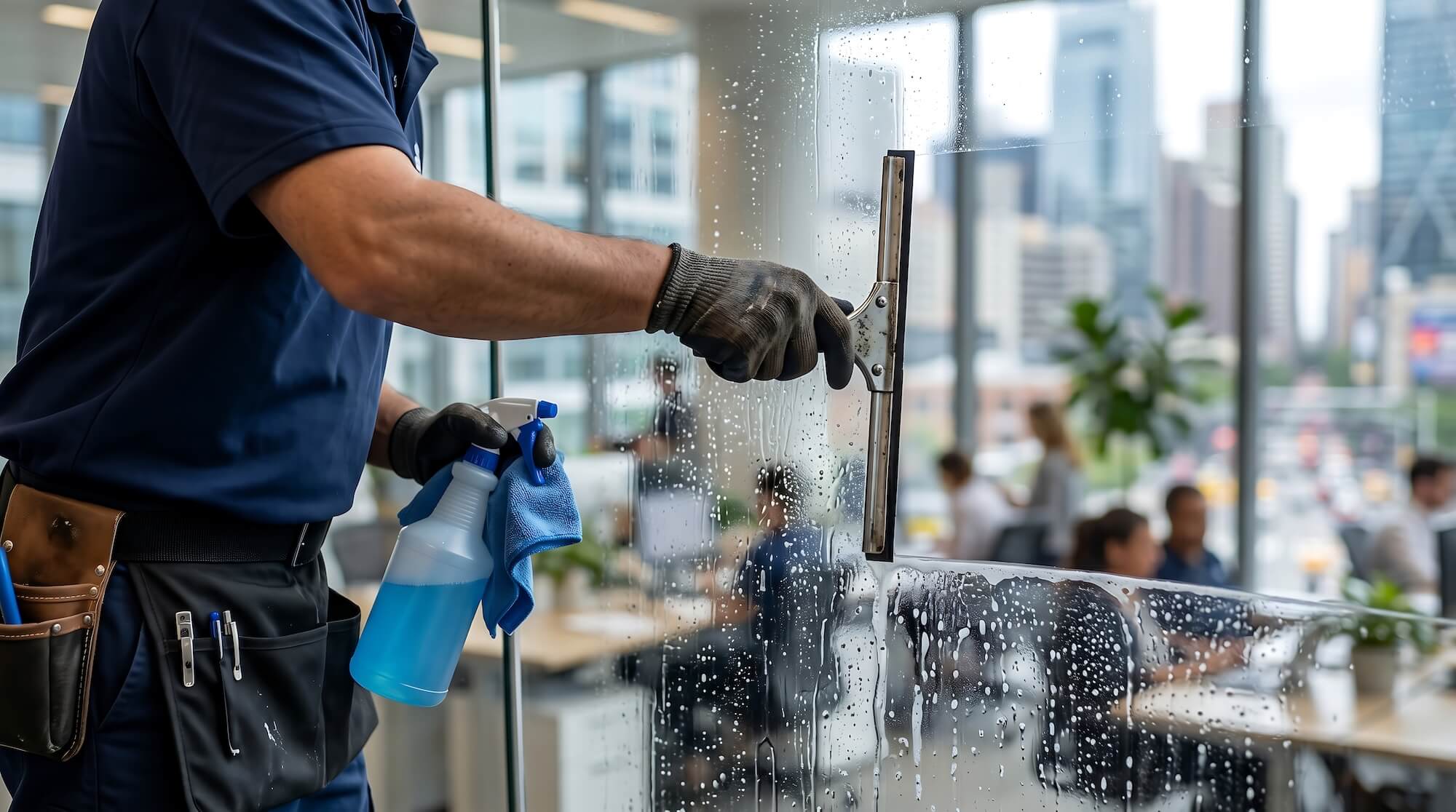A window cleaner washing the glass wall of an office building