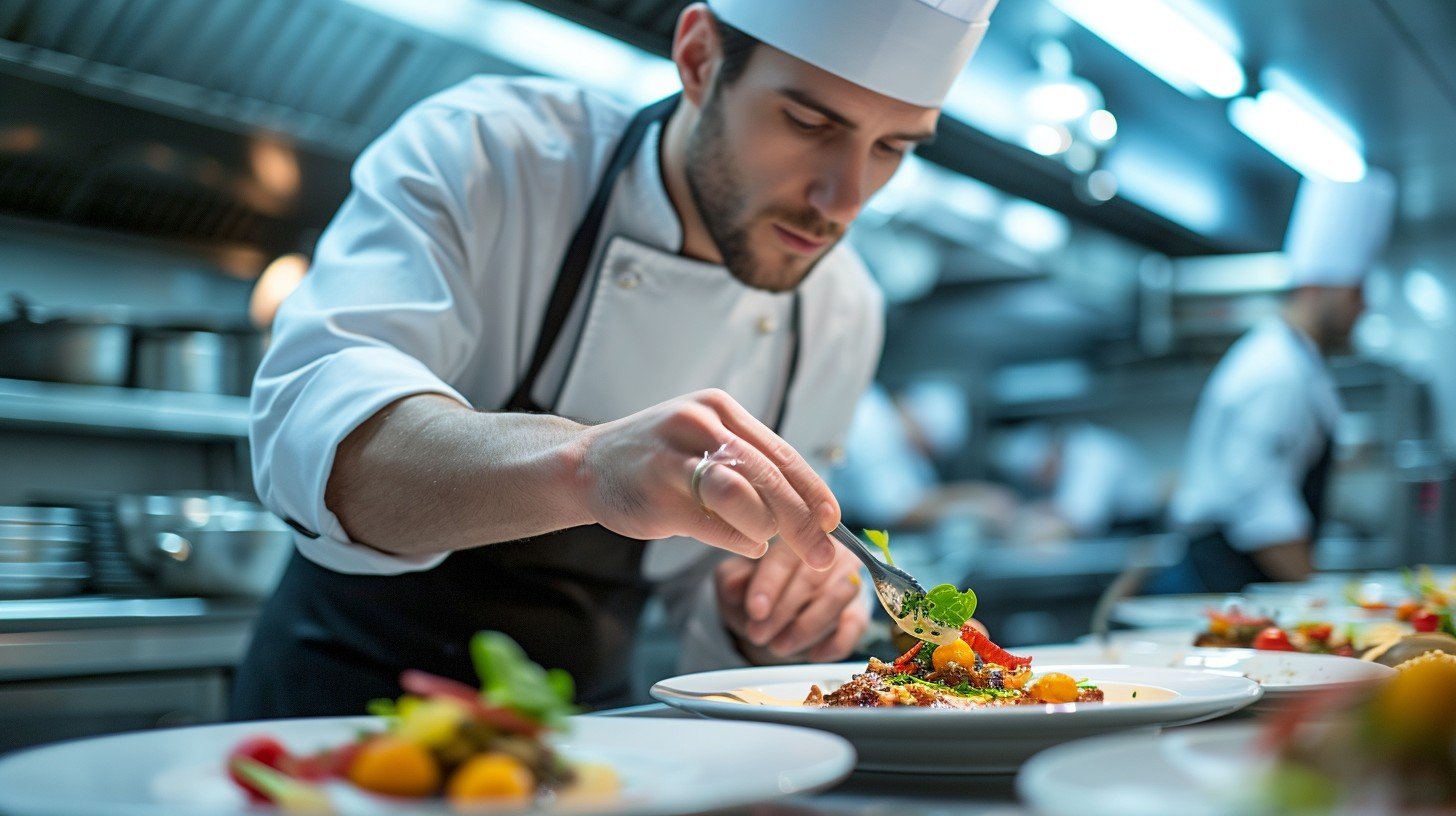 A private chef carefully plating a meal in a kitchen