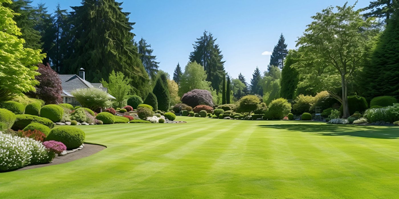 A manicured estate lawn with striped mowing lines and sculpted garden beds