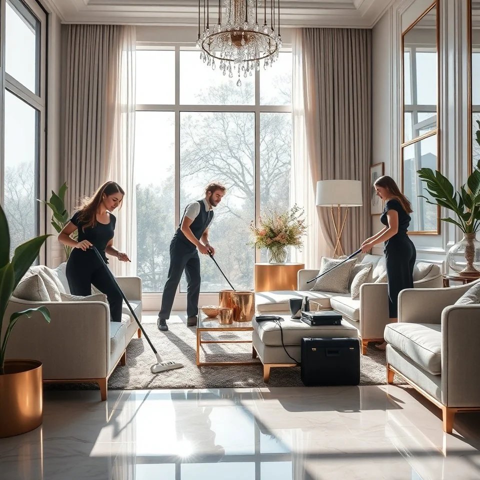 Two housekeeping specialists cleaning a bright, elegant living room