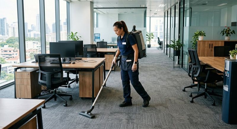 A cleaner vacuuming a modern office with floor-to-ceiling windows