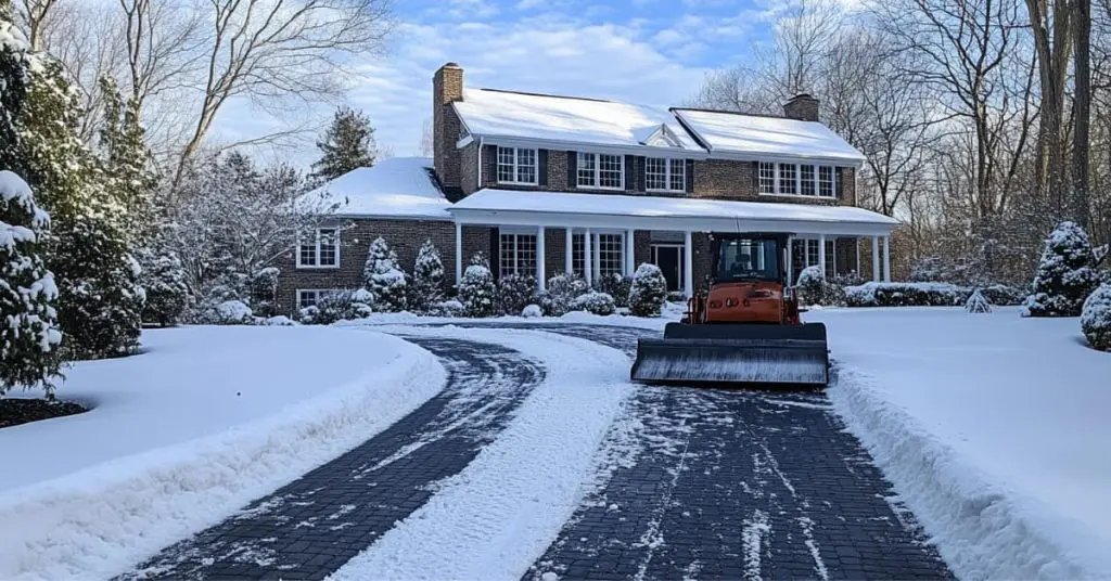 A snow blower clearing a long driveway in front of a brick home after a snowfall