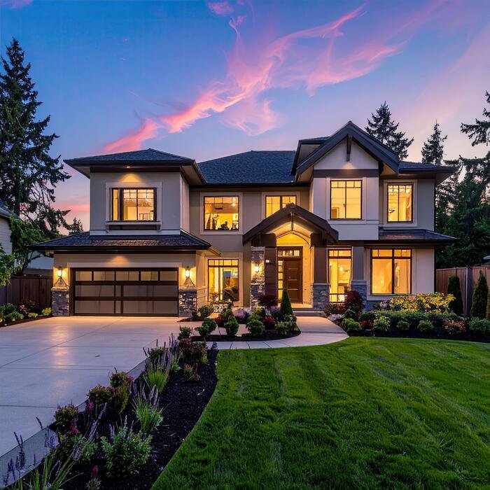 A large two-storey home at dusk with warm light in the windows and a manicured front lawn