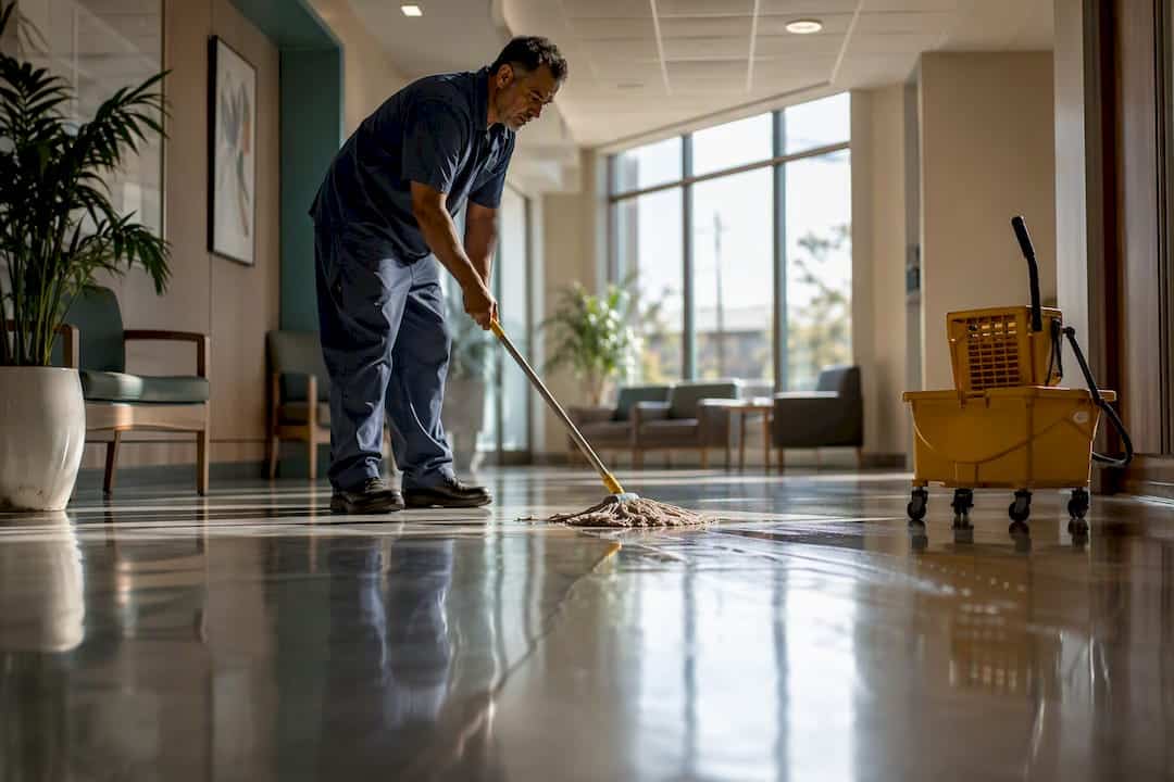 A janitor mopping a bright commercial building hallway