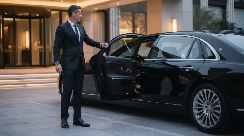 A uniformed driver in a suit opening the door of a black sedan