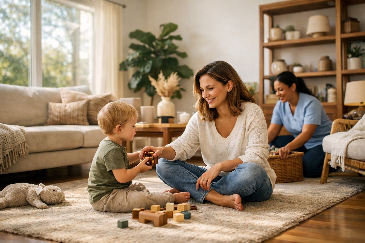 A nanny playing with a toddler on a living-room rug while tidying up nearby