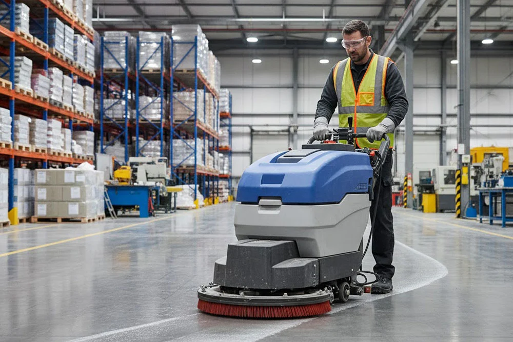 A technician operating an industrial floor scrubber inside a warehouse